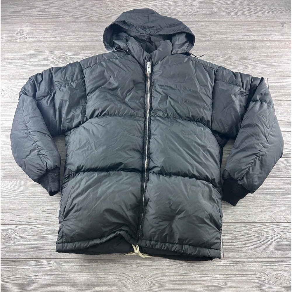 Vintage Comfy Goose Down Puffer Jacket Mens Medium Black Hooded Parka Seattle WA